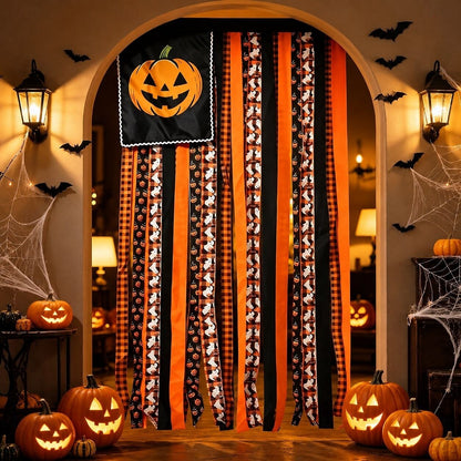 Halloween Banner Flag Pre-Lit Pumpkin Fabric Ribbon Garland Streamers