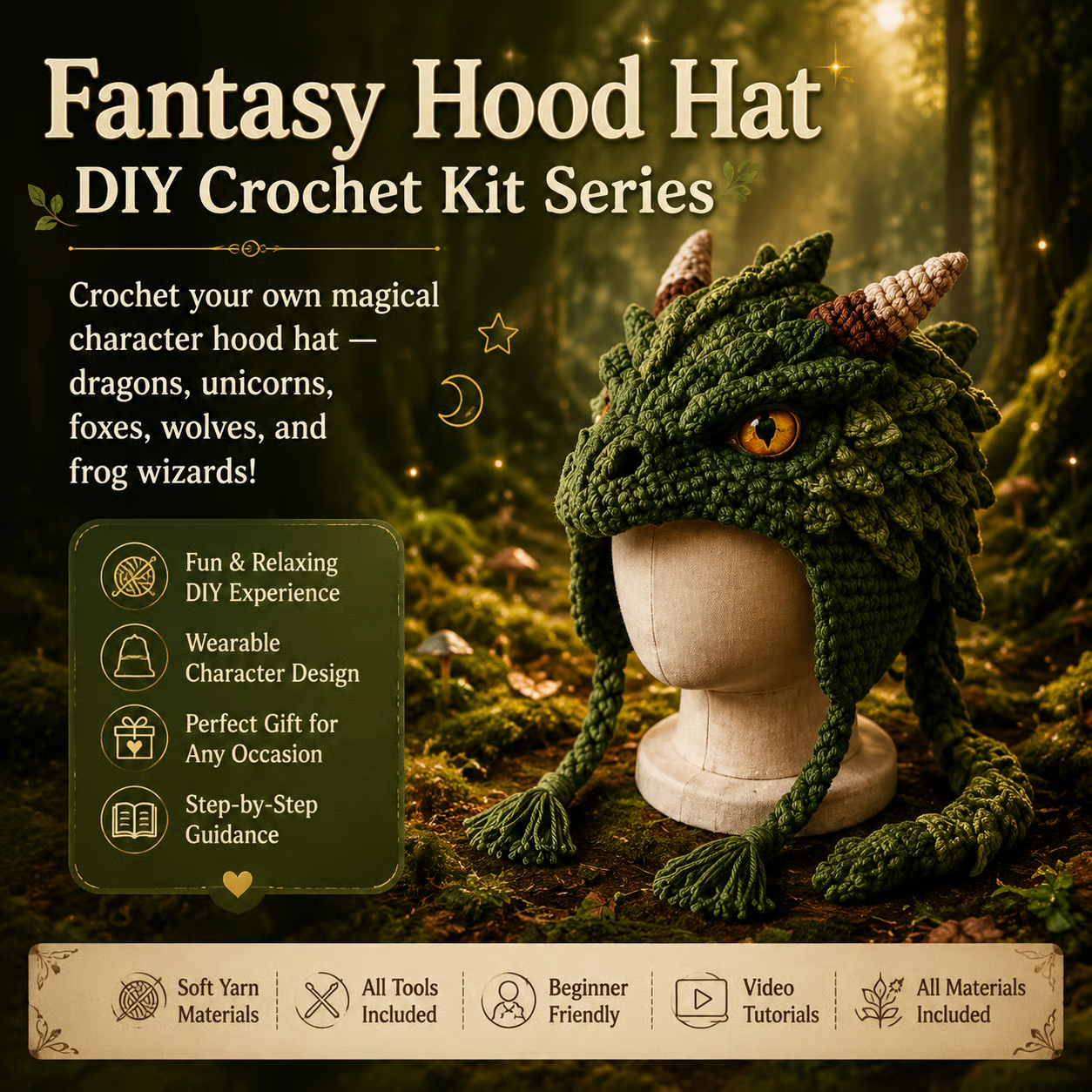 🔥LAST DAY 50% OFF - 🧵Fantasy Hood Hat DIY Crochet Kit – Create Your Own Magical Wearable Character Hat🎁Beginner Friendly