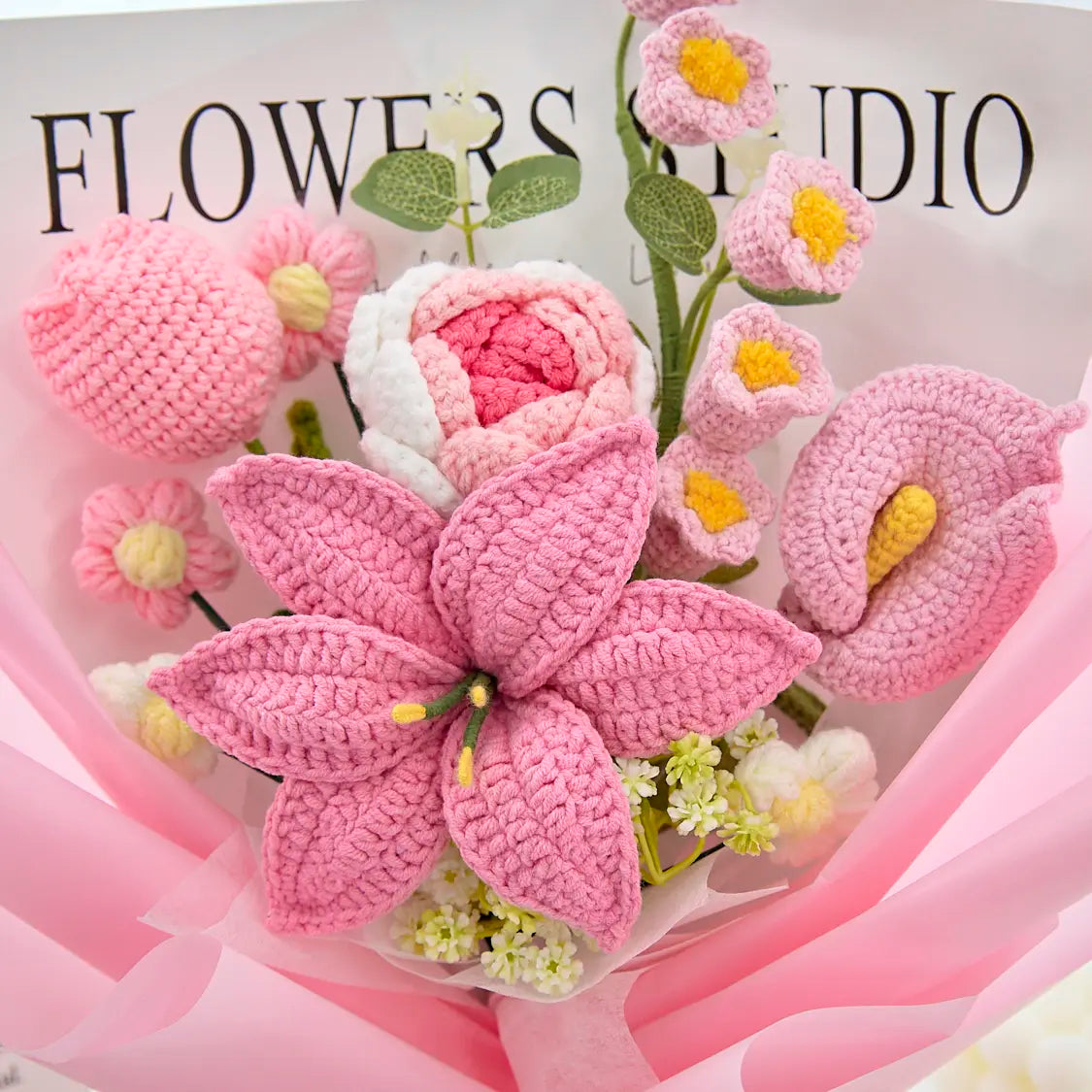 Mother’s Day Gift🌺 Pink Crochet Lily Rose Tulip Bouquet